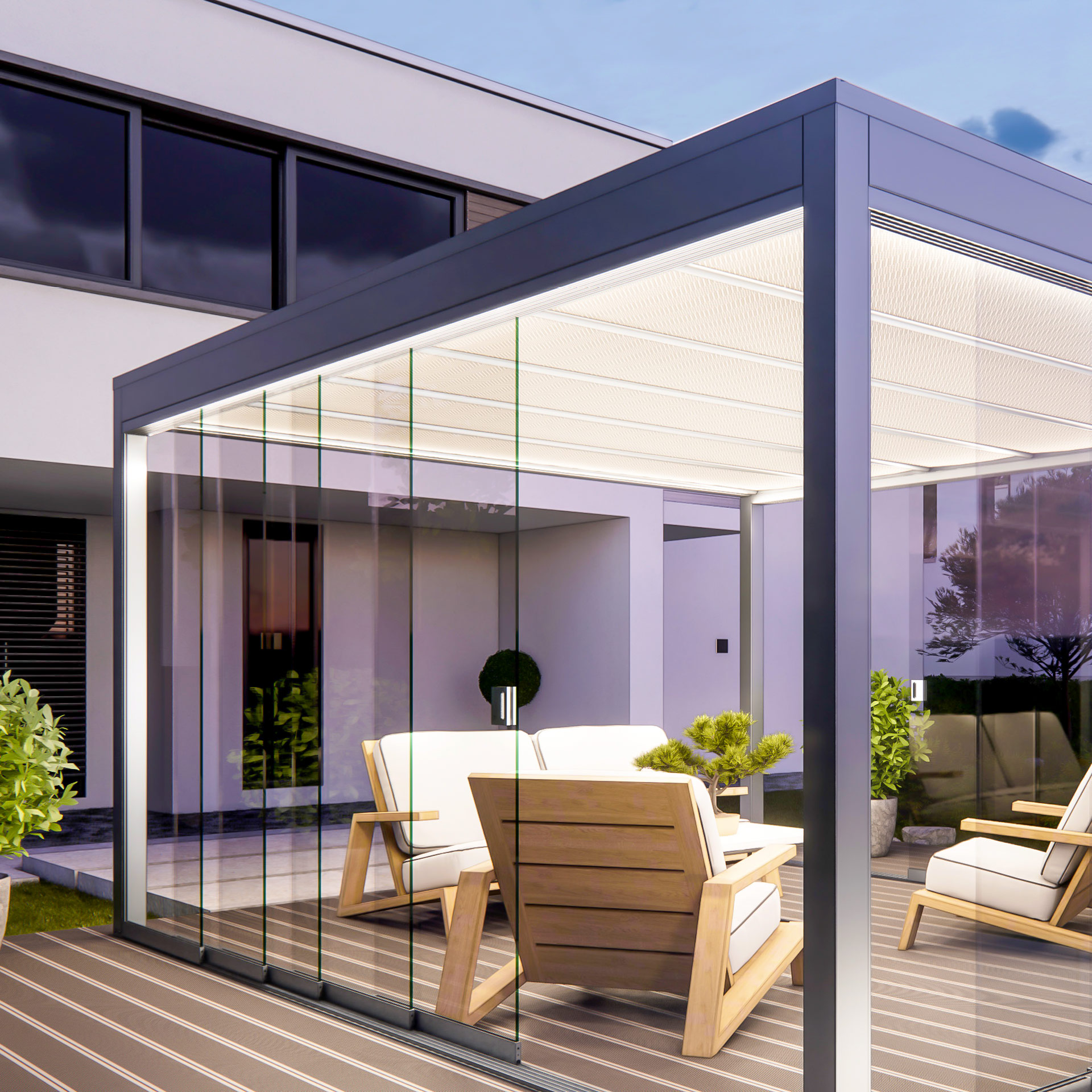 Pergolat fotovoltaica con vetrate scorrevoli panoramiche